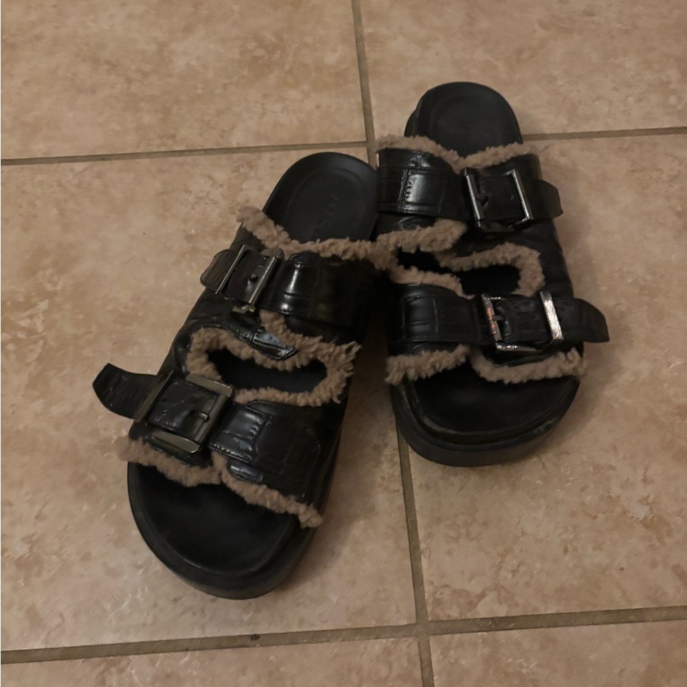 Used Aerosoles Black Fuzzy Buckle Sandals